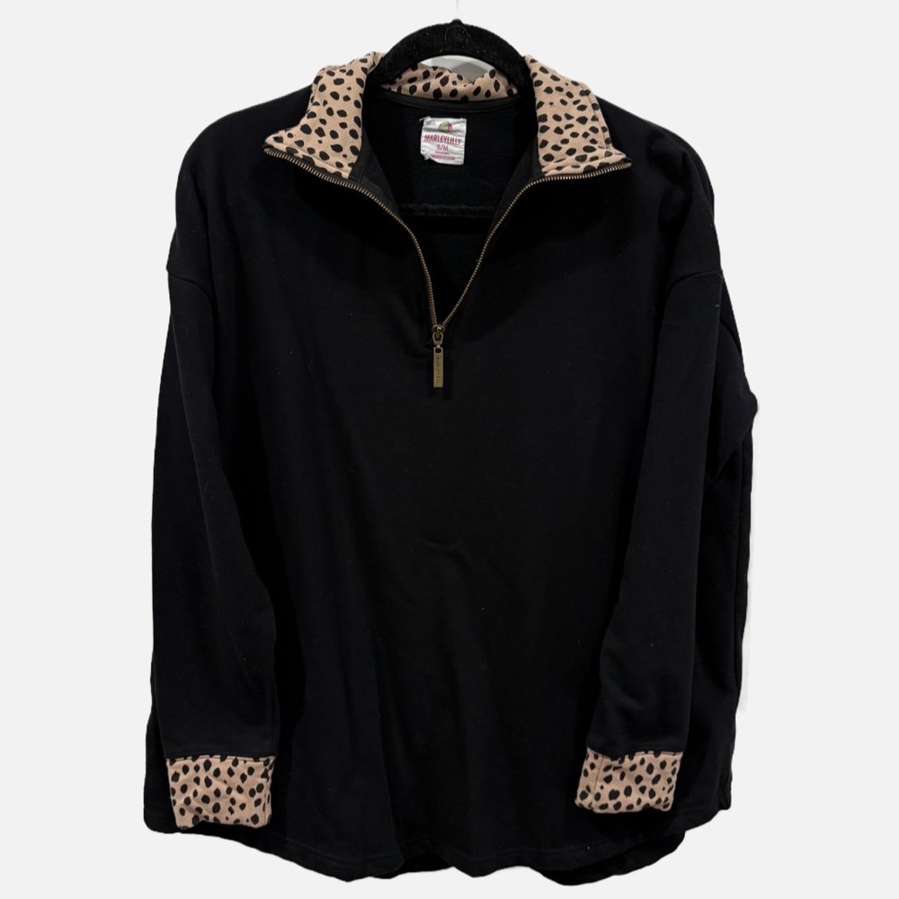 Marleylilly 1/4 Zip Black Pullover with leopard print collar and cuffs. Size S/M